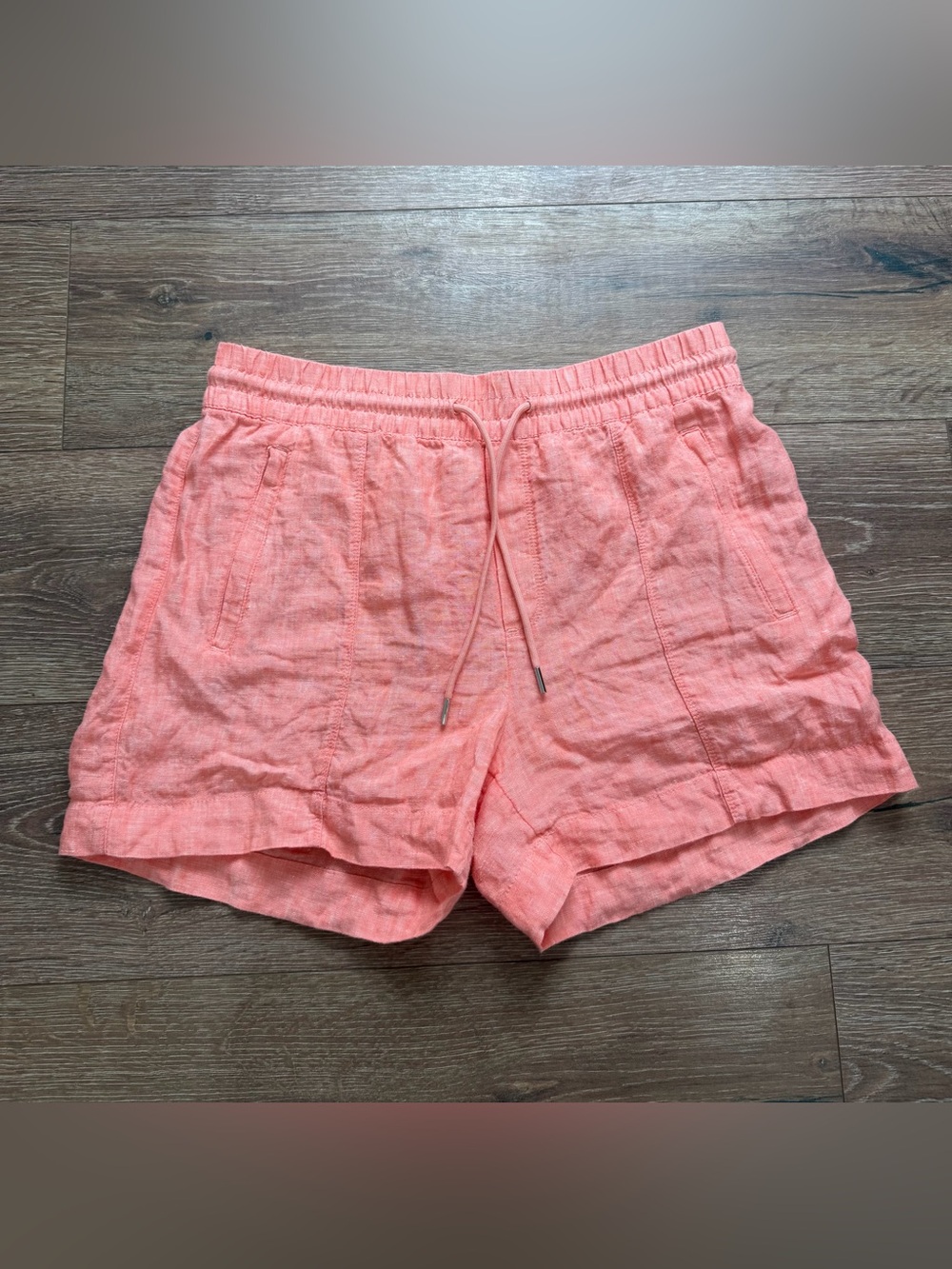 Athleta Retreat Peach Coral Linen Shorts Womens 10 Pull-on Drawstring